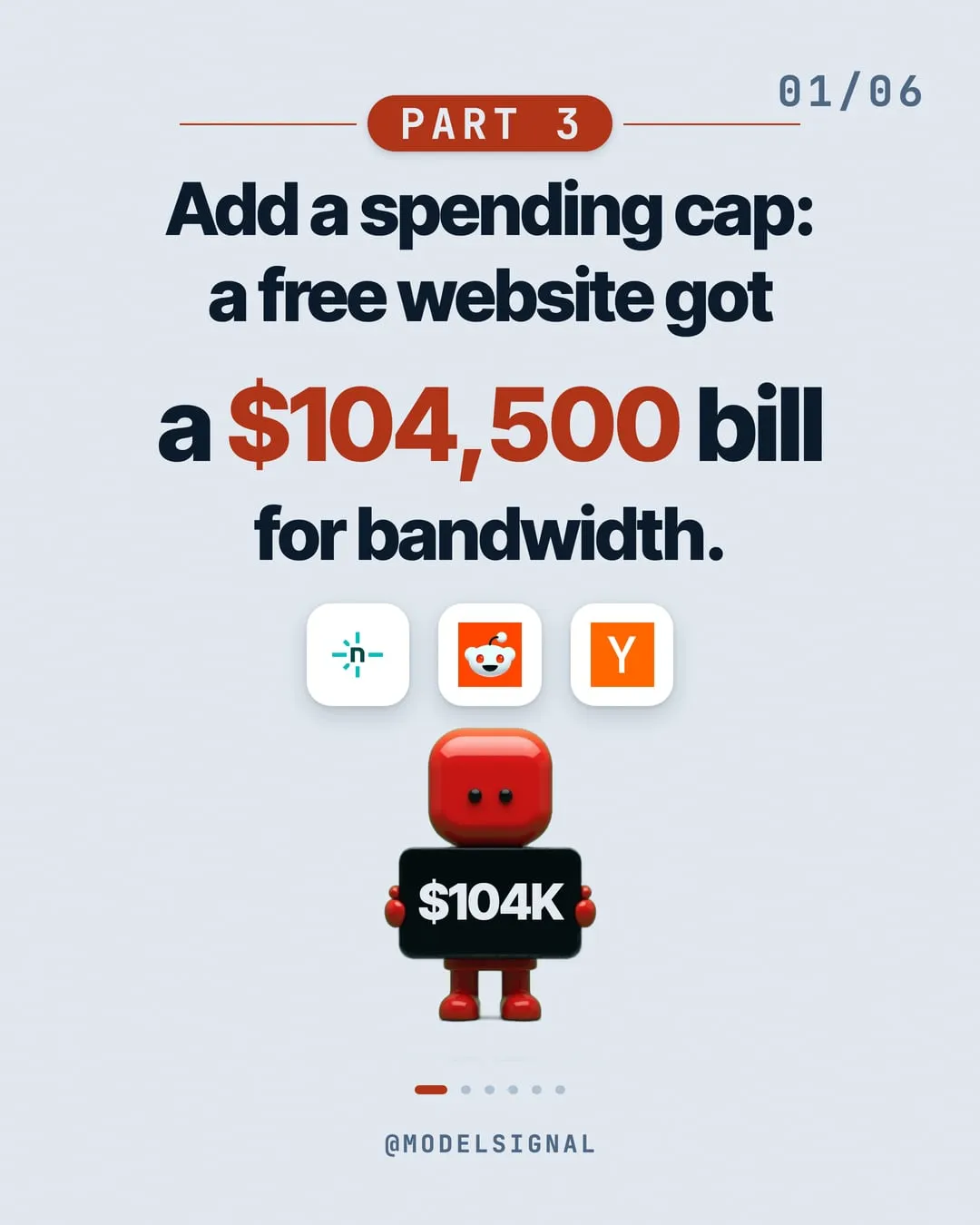 The cover of the ModelSignal post: Add a spending cap: a free website got a $104,500 bill for bandwidth.